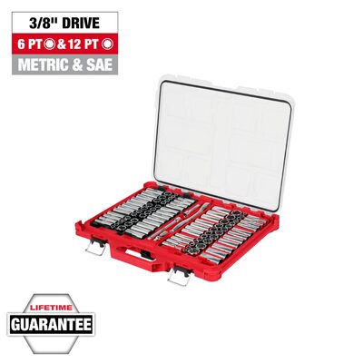 Milwaukee Tool 98pc 3/8 inch 6-Pt and 12-Pt Metric & SAE Ratchet & Socket Set with PACKOUTLow-Profile Organizer