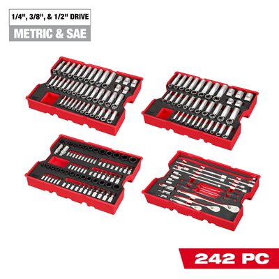 Milwaukee Tool 242 Piece 1/4 Inch, 3/8 Inch, and 1/2 Inch Drive Metric and SAE Ratchet and Socket Set with Trays for PACKOUT Drawers