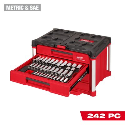 Milwaukee Tool 242 Piece 1/4 3/8 1/2 Inch Drive Metric and SAE Ratchet and Socket Set with Packout 4 Drawer Tool Box