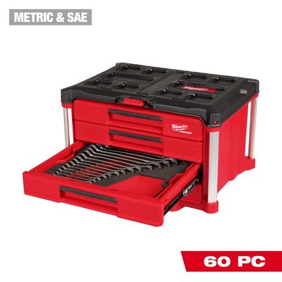 Milwaukee Tool 60 Piece Metric and SAE Combination Wrench Set with PACKOUT 4 Drawer Tool Box