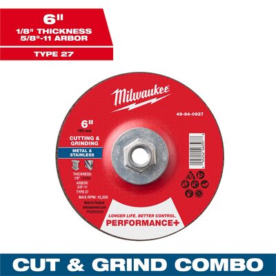 Milwaukee Tool 6" x 1/8" x 5/8"-11 Performance+ Dual Metal Cut & Grind Wheel - Type 27