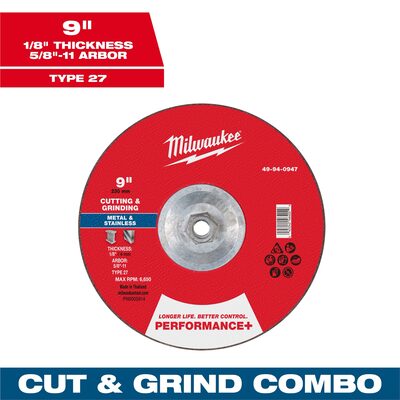 Milwaukee Tool 9" x 1/8" x 5/8"-11 Performance+ Dual Metal Cut & Grind Wheel - Type 27