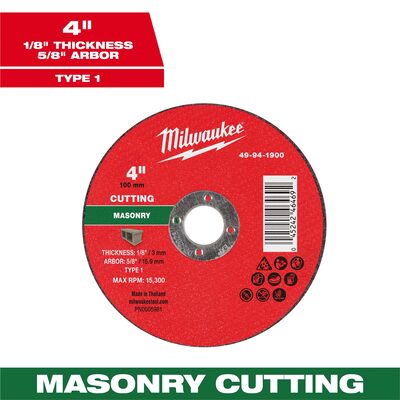 Milwaukee Tool 4" x 1/8" x 5/8" Masonry Cut Off Wheel -Type 1