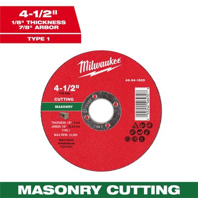 Milwaukee Tool 4-1/2" x 1/8" x 7/8" Masonry Cut Off Wheel -Type 1
