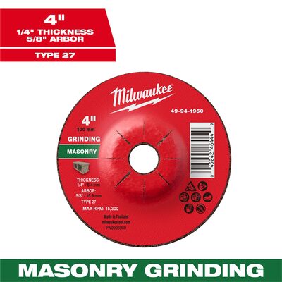Milwaukee Tool 4" x 1/4" x 5/8" Masonry Grinding  Wheel - Type 27