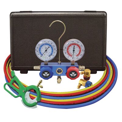 Mastercool R12/R134a DUAL ALUMINUM MANIFOLD W/ 3 IN 1 CAN TAP