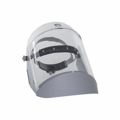 OBERON Face Shield with Ratcheting Headgear - Scratch Resistant Polycarbonate - Window: Clear Anti-Fog - With Lower Crown and Shield Extender