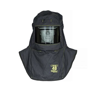 OBERON Hood with A5 Hard Hat Adapters - Arc Flash - 40 Cal TCG - With Fresh Air Arc Flash Hood Ventilation System & Light - Color: Black - Window: True Color Grey (TCG)