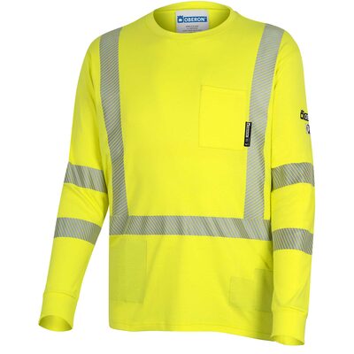 OBERON T-Shirt - Hi-Vis 100% FR/Arc-Rated 7 oz Cotton Interlock - Long Sleeves - 2" Tape - Hi-Vis Yellow - Size: S