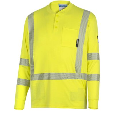 OBERON Henley Shirt - Hi-Vis 100% FR/Arc-Rated 7 oz Cotton Interlock - Long Sleeves - Hi-Vis Yellow - Size: 2XL