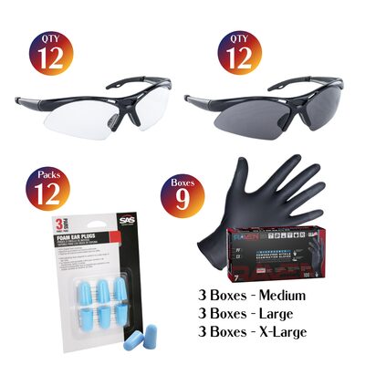 SAS Safety PPE Kit - Diamondback Glasses, Raven Gloves and Ear Plugs