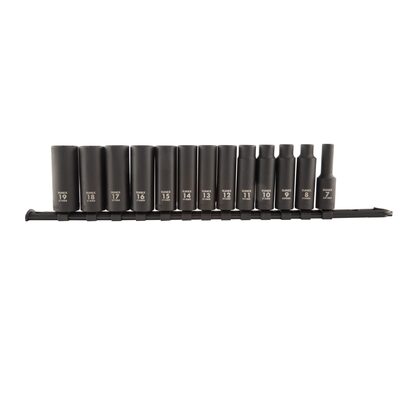 SUNEX 13 Piece 3/8 Inch Drive Metric Deep Impact Socket Set on rail