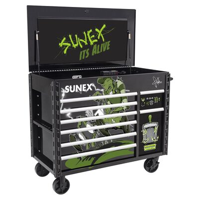 SUNEX 50 Inch 7 Drawer Power Cart with Dedicated Power Tool Storage and Power  - Tony Squindo Its Alive Design - Black