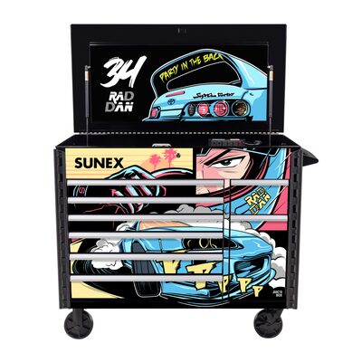 SUNEX JUIC'D Box 50 Inch 7 Drawer Power Cart with Dedicated Power Tool Storage and Integrated Power - RAD DAN Burkett Signature Design - Black