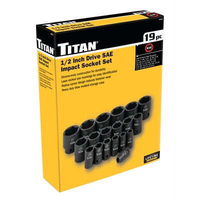 Titan 19 Piece 1/2 Inch Drive 6 Point SAE Standard Impact Socket Set