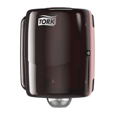 Tork Molnlycke 653028 Maxi Centerfeed Dispenser, 11.9 in L x 17.6 in H x 12.9 in W, Plastic, Red/Smoke
