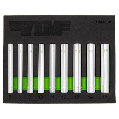 VIM Tools 9 Piece 1/4 Inch Extra Deep 6 Point Metric Socket Set - 1/4 Inch Drive (7 - 15 mm)