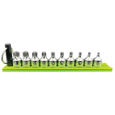 VIM Tools 10 Piece 1/4 Inch Drive TORX Half Cut Stubby Driver Set (T10 - T50) with 6 Inch Green Magrail