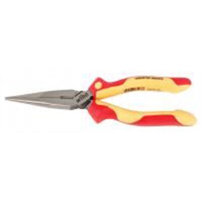 Wiha Tools Insul. Industrial Long Nose Pliers w/ Cutter 8" OAL. Industrial brushed finish. Two component ergo cushion grips.