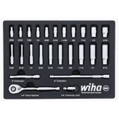 Wiha Tools Set Includes - 11 Standard Sockets 5/32&rdquo; - 9/16&rdquo; | 10 Deep Sockets 5/32&rdquo; - 9/16&rdquo; | 1/4&rdquo; Drive Ratchet 72 Tooth | 1/4&rdquo; Drive Extension Bars 3&rdquo;, 6&rdquo; | 1/4&rdquo; Drive Universal Joint