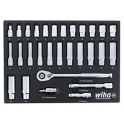 Wiha Tools Set Includes 12 Standard Sockets 10 - 21mm | 13 Deep Sockets 10 - 22mm | 1/2&rdquo; Dr. Ratchet 72 Tooth | 1/2&rdquo; Dr. Extension Bars 3&rdquo;, 6&rdquo; | 1/2&rdquo; Dr. Universal Joint