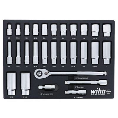 Wiha Tools Set Includes - 11 Standard Sockets 3/8&rdquo; - 1&rdquo; | 13 Deep Sockets 3/8&rdquo; - 1-1/8&rdquo; | 1/2&rdquo; Dr. Ratchet 72 Tooth | 1/2&rdquo; Dr. Extension Bars 3&rdquo;, 6&rdquo; | 1/2&rdquo; Dr. Universal Joint
